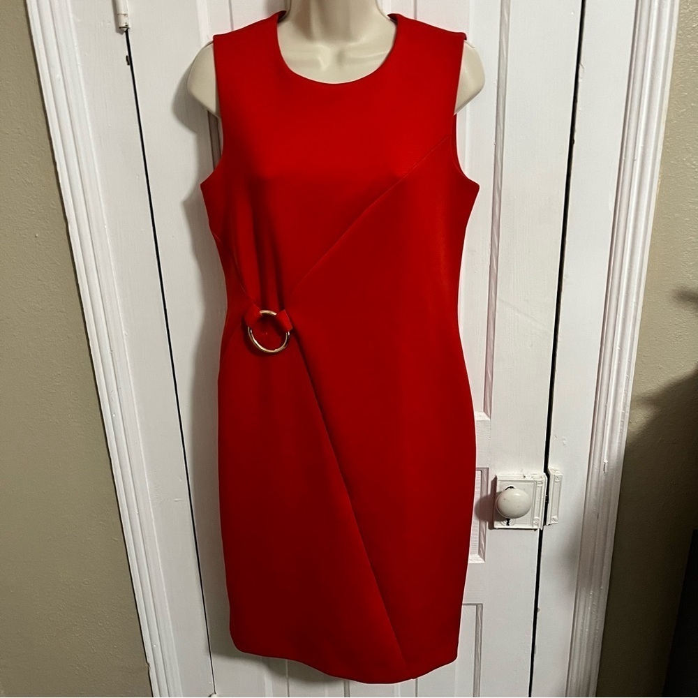 Calvin Klein Red Sheath Scuba Dress Gold Ring Hardware Size 8 T2